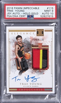 2018-19 Panini Impeccable Jersey Autographs Holo Gold #115 Trae Young Signed Patch Rookie Card (#04/10) - PSA MINT 9, PSA/DNA 10